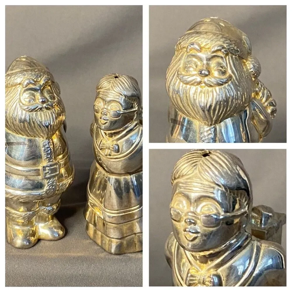 SANTA & MRS CLAUS KISSING Salt & Pepper Shakers Gold Silver Tone Christmas